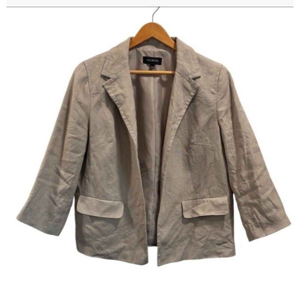 Talbots Linen Blazer Womens size 14 Open Lined Faux Pockets 3/4 Sleeve beige
